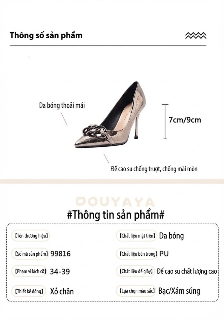 Giày Cao Gót Nữ Mũi Nhọn Da Bóng Chiều Cao Đế 7cm Màu Bạc chi tiết 4