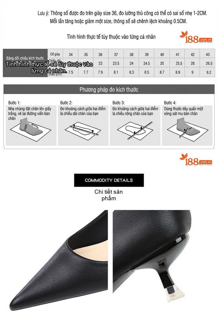 Giày Cao Gót Nữ Mũi Nhọn Da Bóng Chiều Cao Đế Khoảng 3.5cm Màu Đen, Trắng chi tiết 3