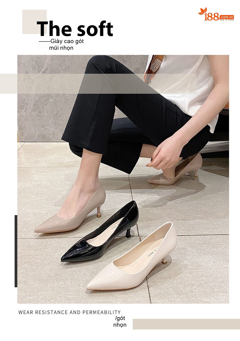 Giày Cao Gót Nữ Mũi Nhọn Da Bóng Chiều Cao Đế Khoảng 3cm Phong Cách Hàn Quốc Màu Đen, Kem, Nude chi tiết 2
