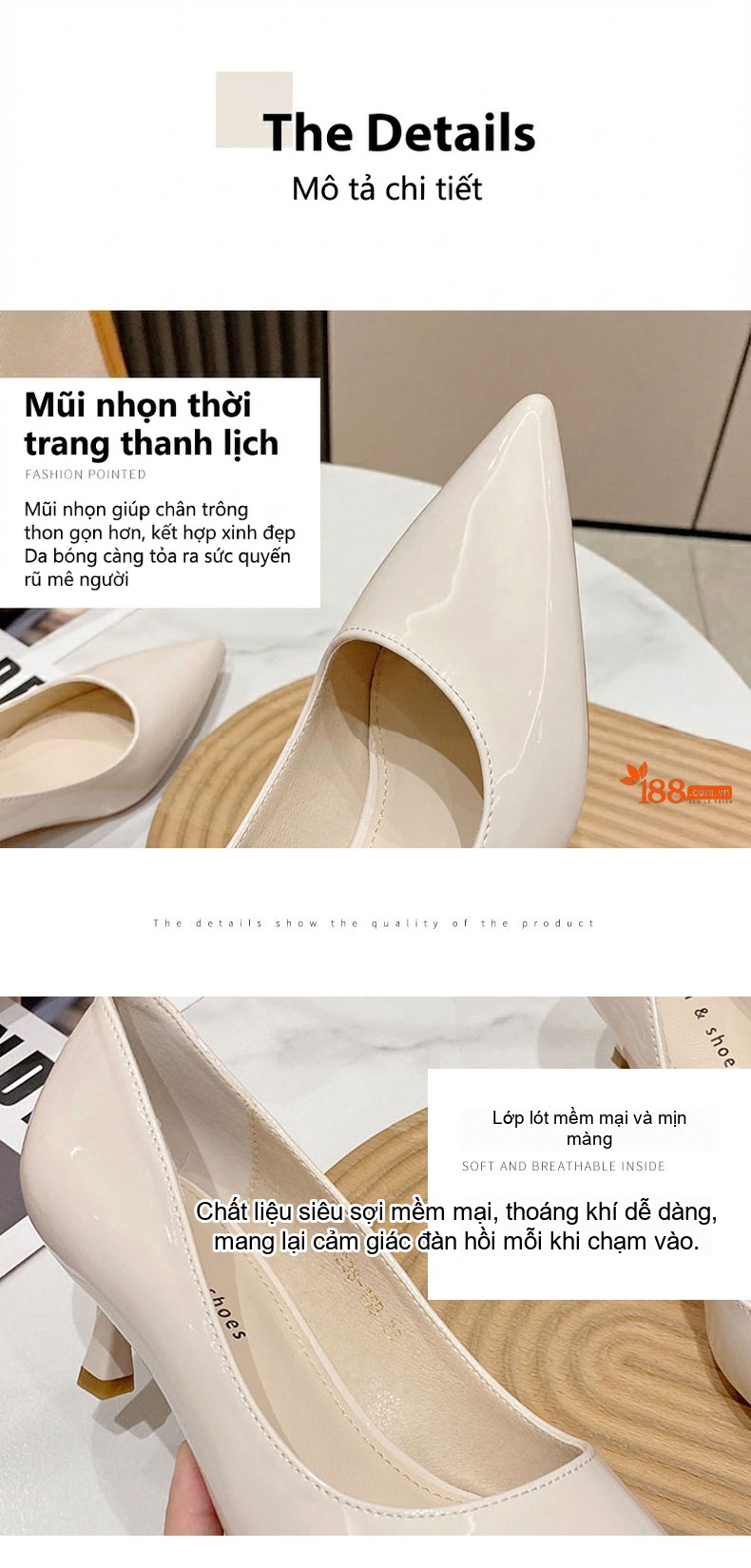 Giày Cao Gót Nữ Mũi Nhọn Da Bóng Chiều Cao Đế Khoảng 3cm Phong Cách Hàn Quốc Màu Đen, Kem, Nude chi tiết 5