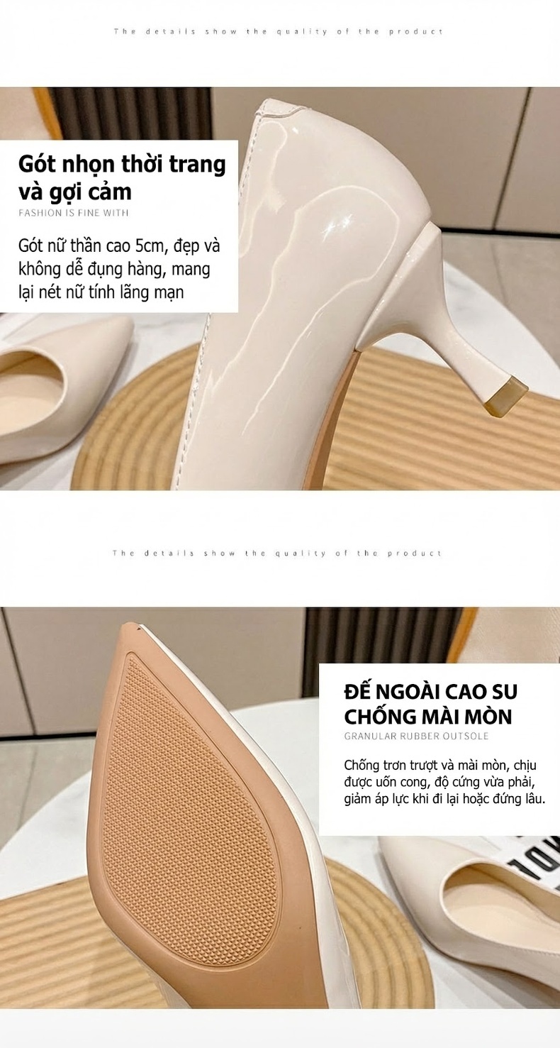 Giày Cao Gót Nữ Mũi Nhọn Da Bóng Chiều Cao Đế Khoảng 3cm Phong Cách Hàn Quốc Màu Đen, Kem, Nude chi tiết 6