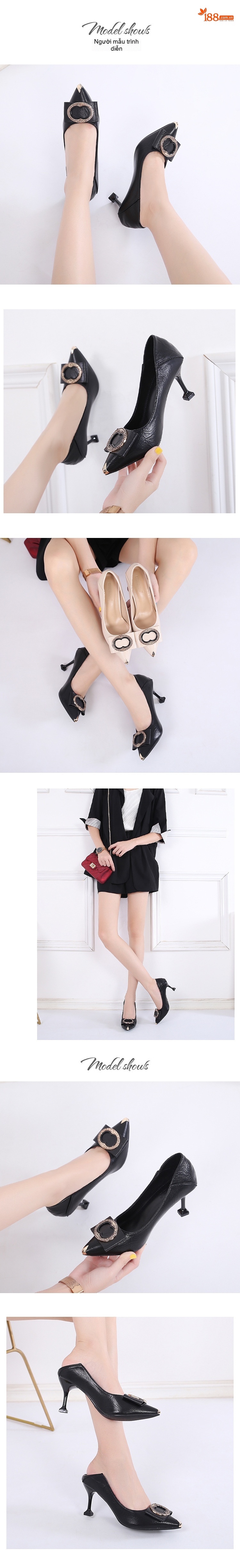 Giày Cao Gót Nữ Mũi Nhọn Da Bóng Chiều Cao Đế Khoảng 5cm Đính Đá Màu Đen, Kem chi tiết 2