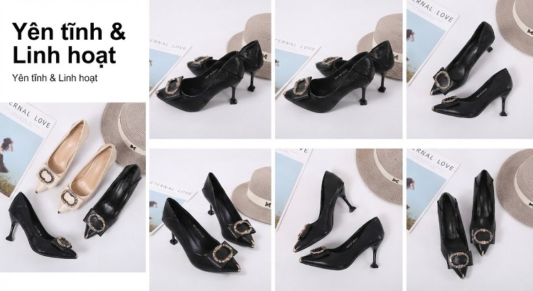 Giày Cao Gót Nữ Mũi Nhọn Da Bóng Chiều Cao Đế Khoảng 5cm Đính Đá Màu Đen, Kem chi tiết 5