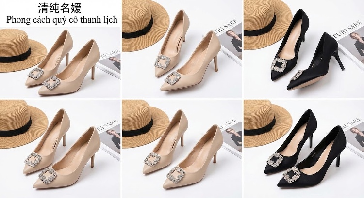 Giày Cao Gót Nữ Mũi Nhọn Da Bóng Chiều Cao Đế Khoảng 5cm Đính Đá Màu Đen, Kem chi tiết 6