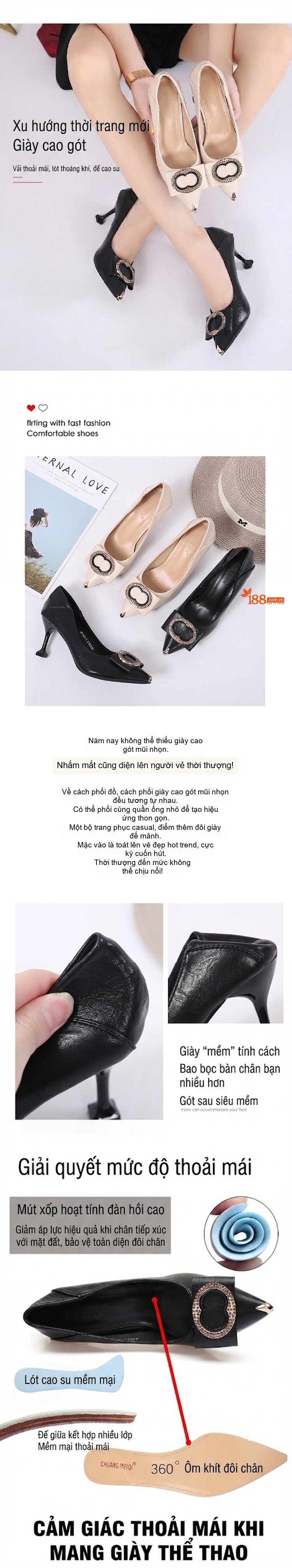 Giày Cao Gót Nữ Mũi Nhọn Da Bóng Chiều Cao Đế Khoảng 5cm Đính Đá Màu Đen, Kem chi tiết 1