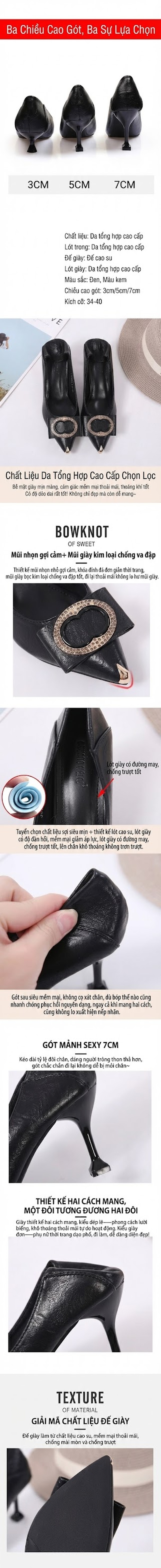 Giày Cao Gót Nữ Mũi Nhọn Da Bóng Chiều Cao Đế Khoảng 5cm Đính Đá Màu Đen, Kem chi tiết 4