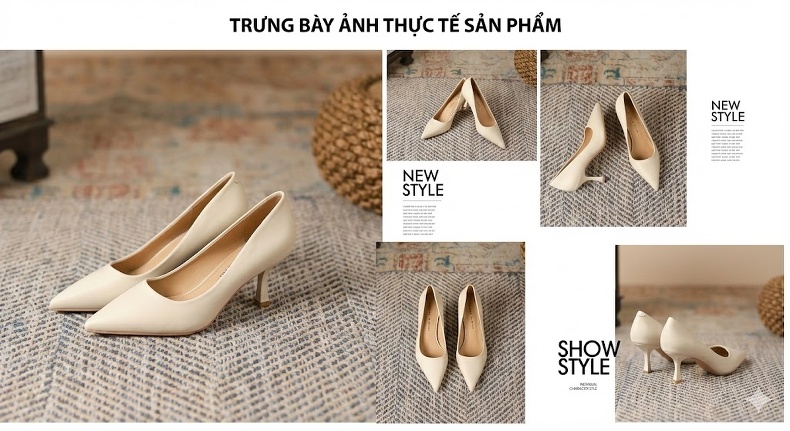 Giày Cao Gót Nữ Mũi Nhọn Da Bóng Chiều Cao Đế Khoảng 5cm Màu Đen, Kem chi tiết 6
