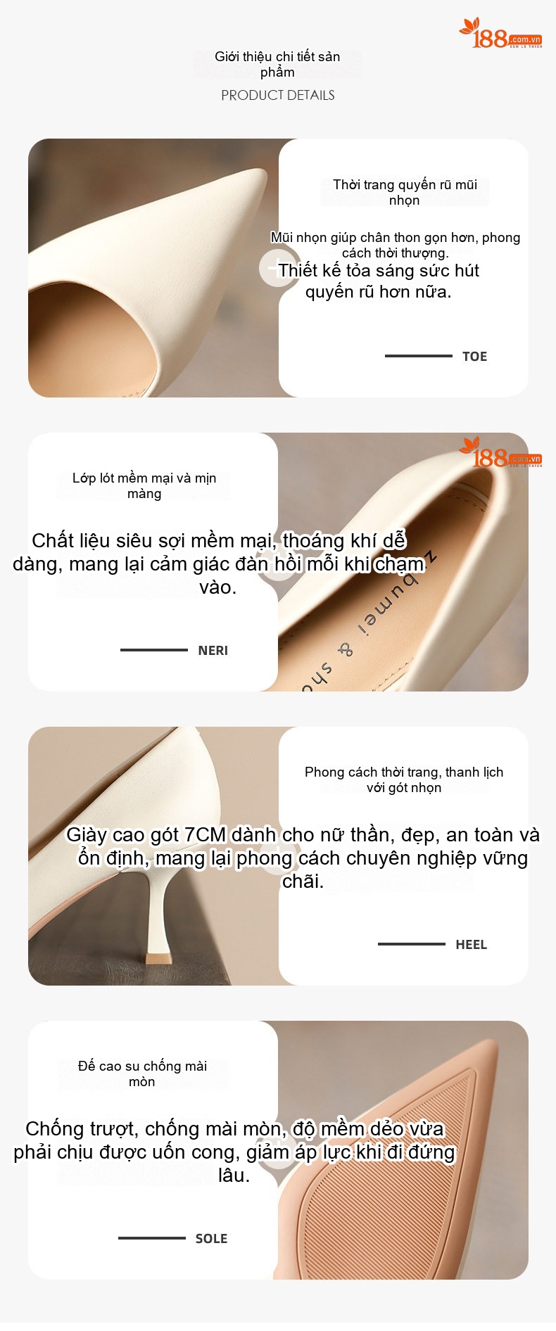 Giày Cao Gót Nữ Mũi Nhọn Da Bóng Chiều Cao Đế Khoảng 5cm Màu Đen, Kem chi tiết 2