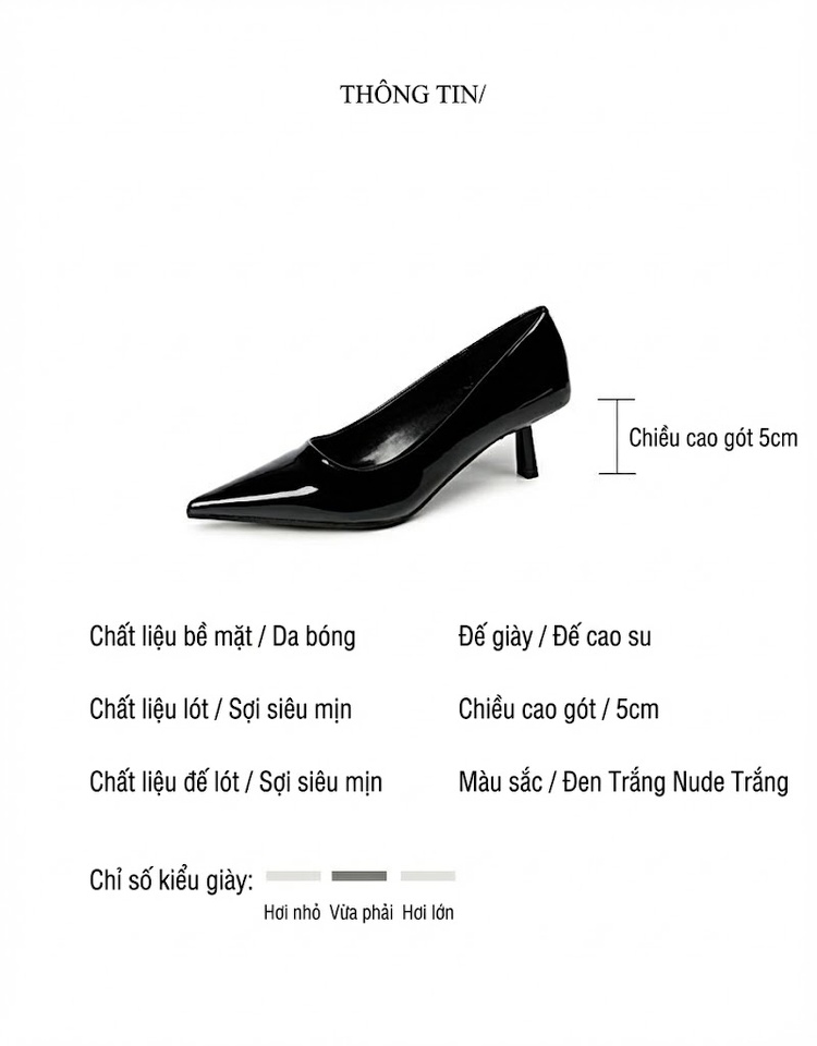 Giày Cao Gót Nữ Mũi Nhọn Da Bóng Chiều Cao Đế Khoảng 5cm Màu Đen, Trắng, Đỏ, Be... chi tiết 2