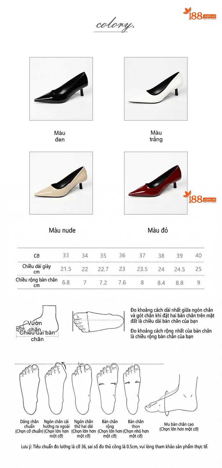 Giày Cao Gót Nữ Mũi Nhọn Da Bóng Chiều Cao Đế Khoảng 5cm Màu Đen, Trắng, Đỏ, Be... chi tiết 4
