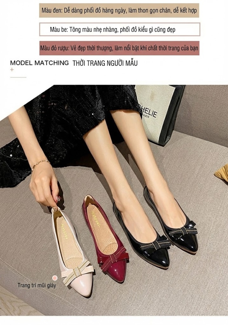 Giày Cao Gót Nữ Mũi Nhọn Da Bóng Chiều Cao Đế Khoảng 5cm Màu Đen, Trắng, Đỏ chi tiết 4