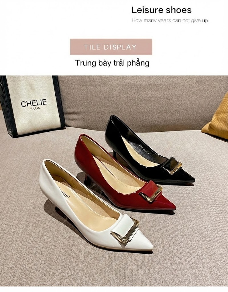 Giày Cao Gót Nữ Mũi Nhọn Da Bóng Chiều Cao Đế Khoảng 5cm Màu Đen, Trắng, Đỏ chi tiết 25
