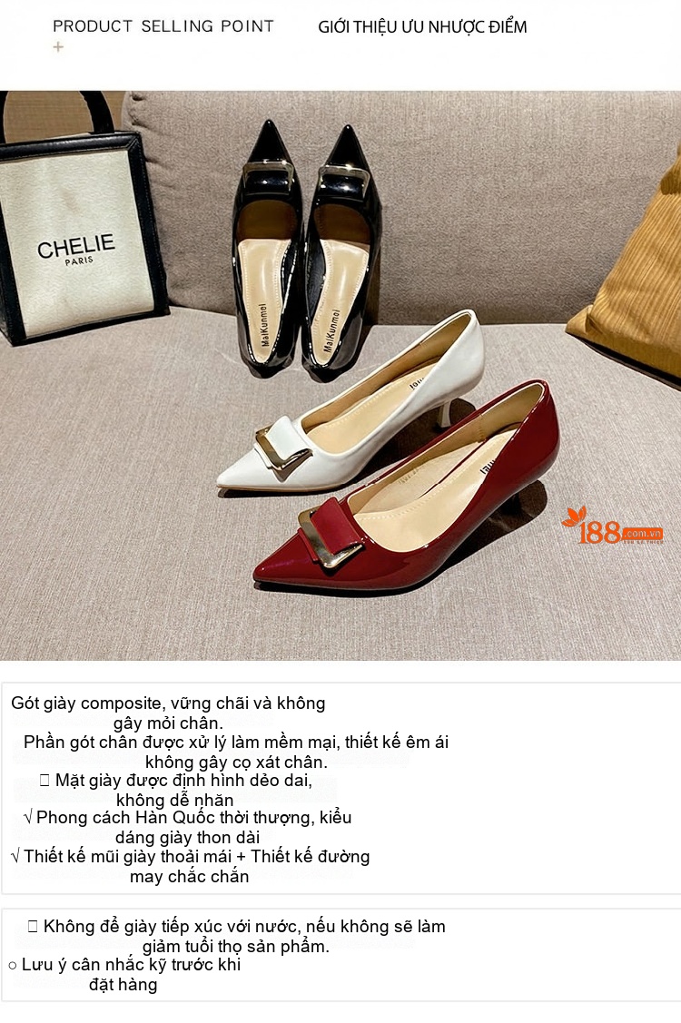 Giày Cao Gót Nữ Mũi Nhọn Da Bóng Chiều Cao Đế Khoảng 5cm Màu Đen, Trắng, Đỏ chi tiết 5