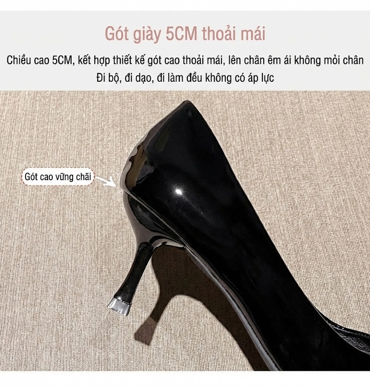 Giày Cao Gót Nữ Mũi Nhọn Da Bóng Chiều Cao Đế Khoảng 5cm Màu Đen, Trắng, Đỏ chi tiết 8