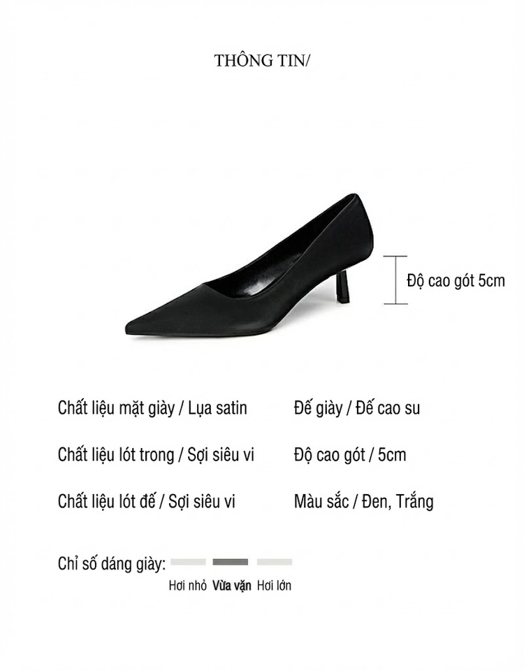 Giày Cao Gót Nữ Mũi Nhọn Da Bóng Chiều Cao Đế Khoảng 5cm Màu Đen, Trắng chi tiết 2