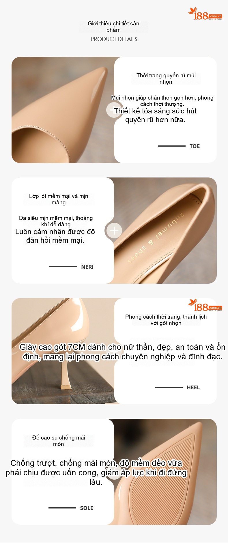 Giày Cao Gót Nữ Mũi Nhọn Da Bóng Chiều Cao Đế Khoảng 5cm Màu Đen, Trắng, Nude chi tiết 1