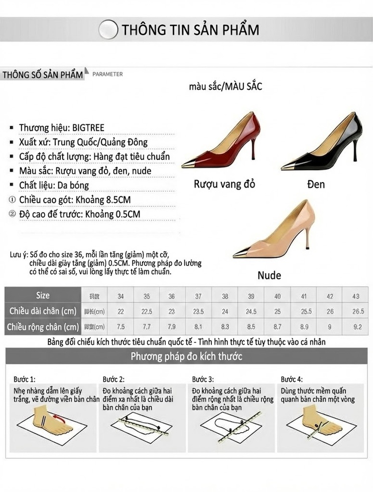 Giày Cao Gót Nữ Mũi Nhọn Da Bóng Chiều Cao Đế Khoảng 6cm Màu Đen, Đỏ, Kem chi tiết 1