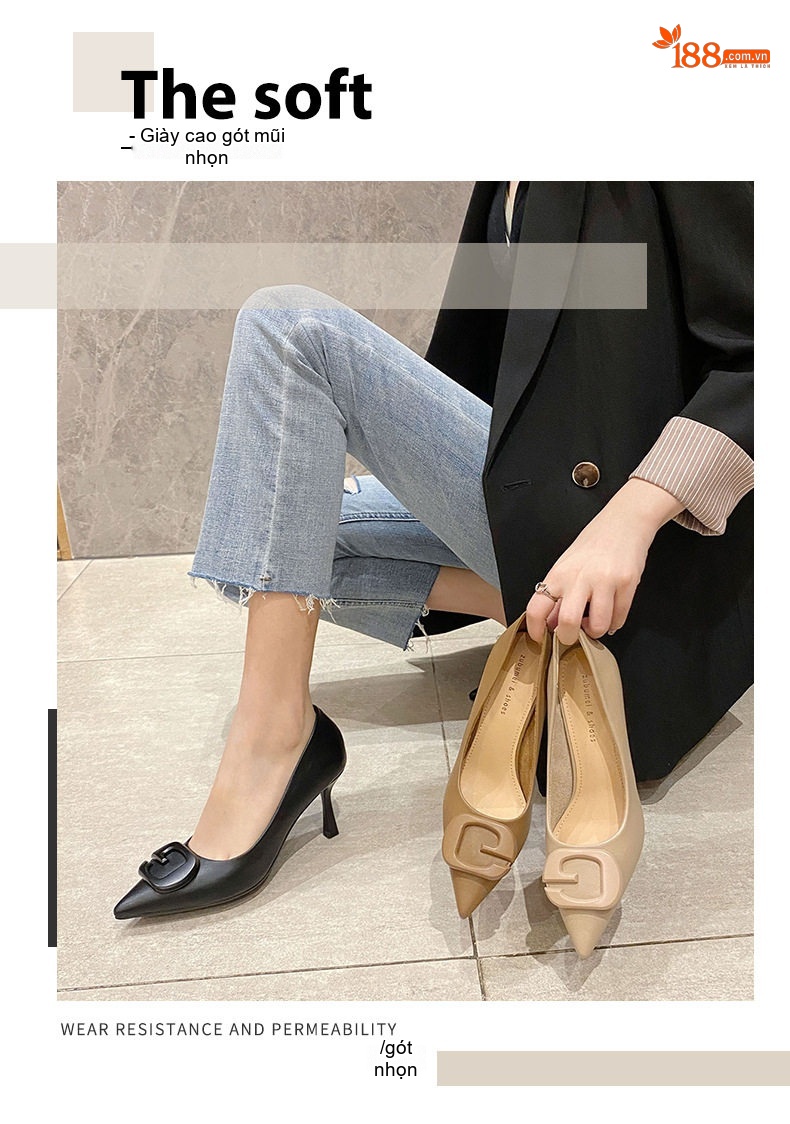 Giày Cao Gót Nữ Mũi Nhọn Da Bóng Chiều Cao Đế Khoảng 6cm Màu Đen, Nâu, Kem chi tiết 1