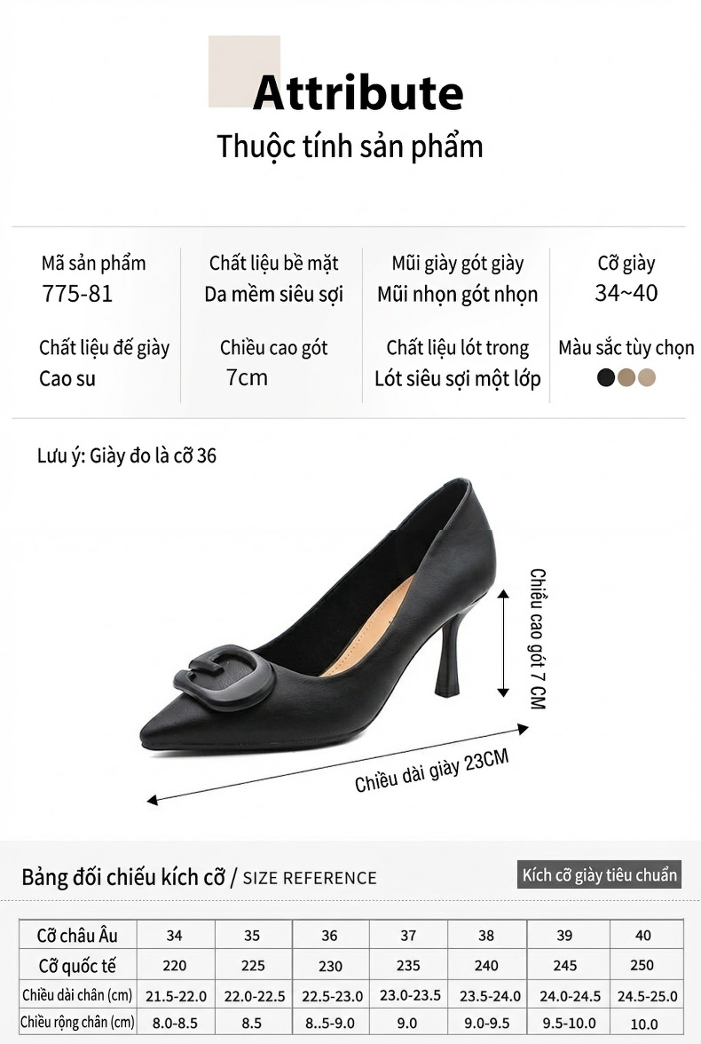 Giày Cao Gót Nữ Mũi Nhọn Da Bóng Chiều Cao Đế Khoảng 6cm Màu Đen, Nâu, Kem chi tiết 3