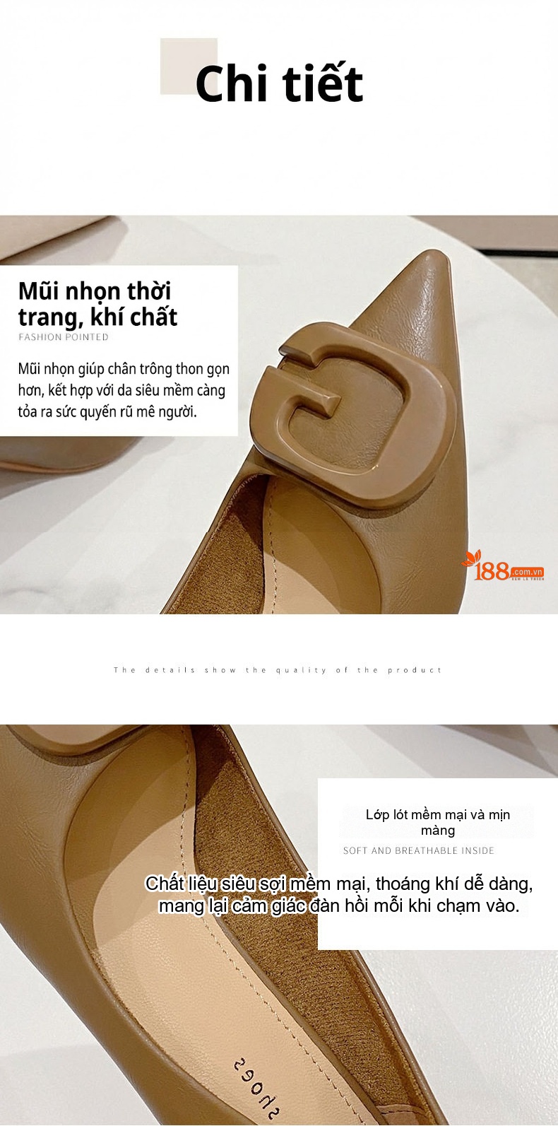 Giày Cao Gót Nữ Mũi Nhọn Da Bóng Chiều Cao Đế Khoảng 6cm Màu Đen, Nâu, Kem chi tiết 5