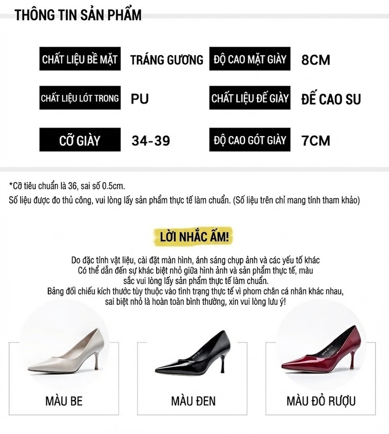 Giày Cao Gót Nữ Mũi Nhọn Da Bóng Chiều Cao Đế Khoảng 6cm Màu Đỏ Rượu, Trắng, Đen chi tiết 10
