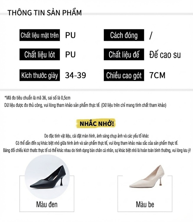 Giày Cao Gót Nữ Mũi Nhọn Da Bóng Chiều Cao Đế Khoảng 7cm Màu Đen, Kem chi tiết 10