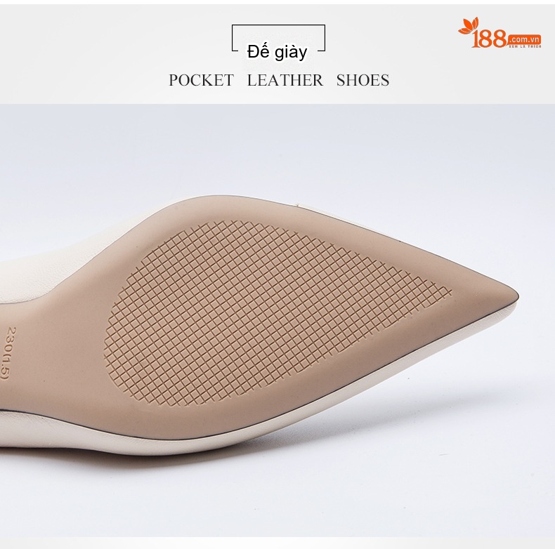 Giày Cao Gót Nữ Mũi Nhọn Da Bóng Chiều Cao Đế Khoảng 7cm Màu Đen, Kem chi tiết 5