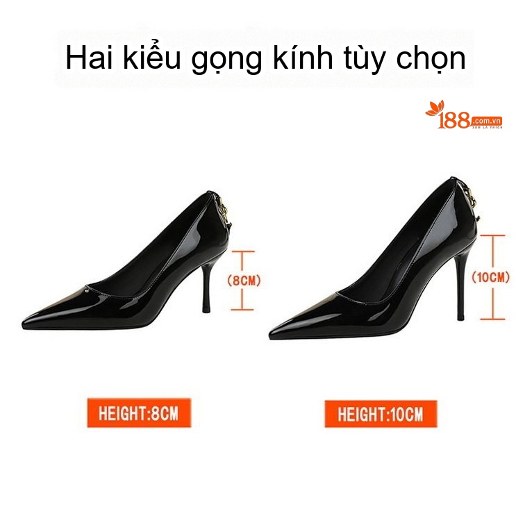 Giày Cao Gót Nữ Mũi Nhọn Da Bóng Chiều Cao Đế Khoảng 7cm Quai Khóa Kim Loại Màu Đen chi tiết 2