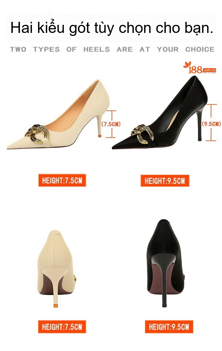 Giày Cao Gót Nữ Mũi Nhọn Da Bóng Chiều Cao Đế Khoảng 7cm Quai Khóa Kim Loại Màu Đen, Kem, Xanh... chi tiết 2