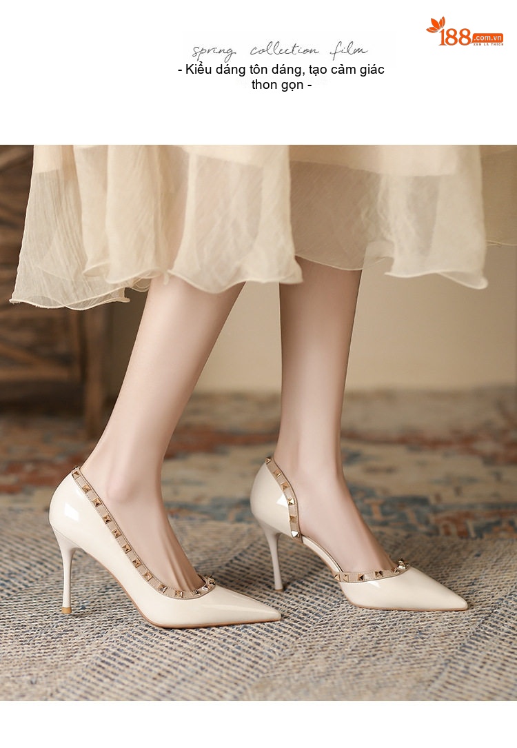 Giày Cao Gót Nữ Mũi Nhọn Da Bóng Chiều Cao Đế Khoảng 7cm Thiết Kế Hở Bên Màu Đen, Trắng chi tiết 7