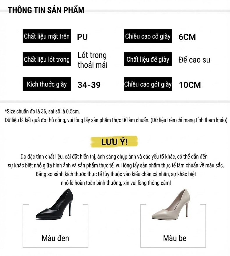 Giày Cao Gót Nữ Mũi Nhọn Da Bóng Chiều Cao Đế Khoảng 8cm Màu Đen, Kem chi tiết 10