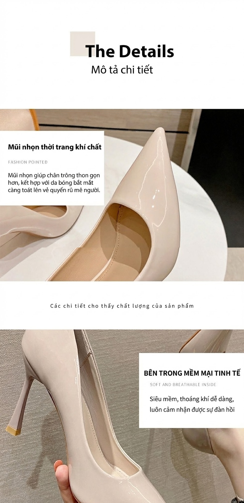 Giày Cao Gót Nữ Mũi Nhọn Da Bóng Chiều Cao Đế Khoảng 8cm Màu Đen, Kem chi tiết 6
