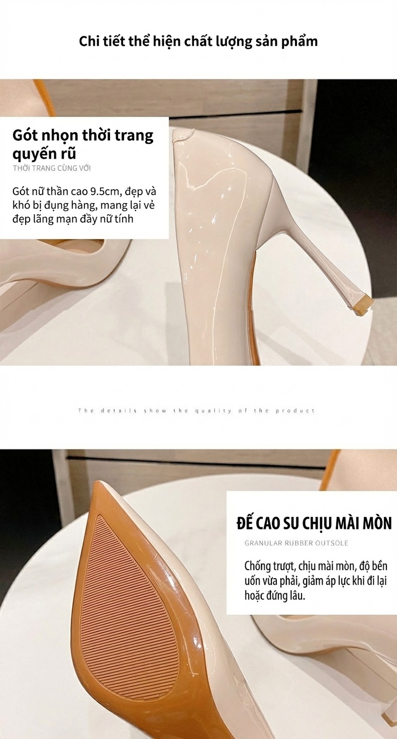 Giày Cao Gót Nữ Mũi Nhọn Da Bóng Chiều Cao Đế Khoảng 8cm Màu Đen, Kem chi tiết 7
