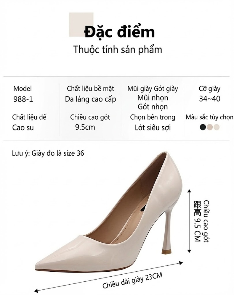 Giày Cao Gót Nữ Mũi Nhọn Da Bóng Chiều Cao Đế Khoảng 8cm Màu Đen, Kem chi tiết 4
