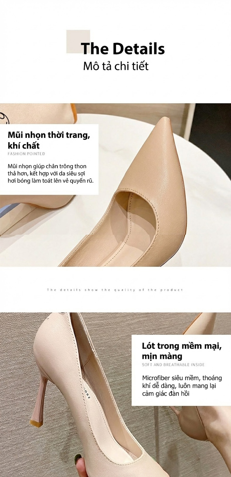 Giày Cao Gót Nữ Mũi Nhọn Da Bóng Chiều Cao Đế Khoảng 8cm Màu Đen, Vàng, Kem chi tiết 6