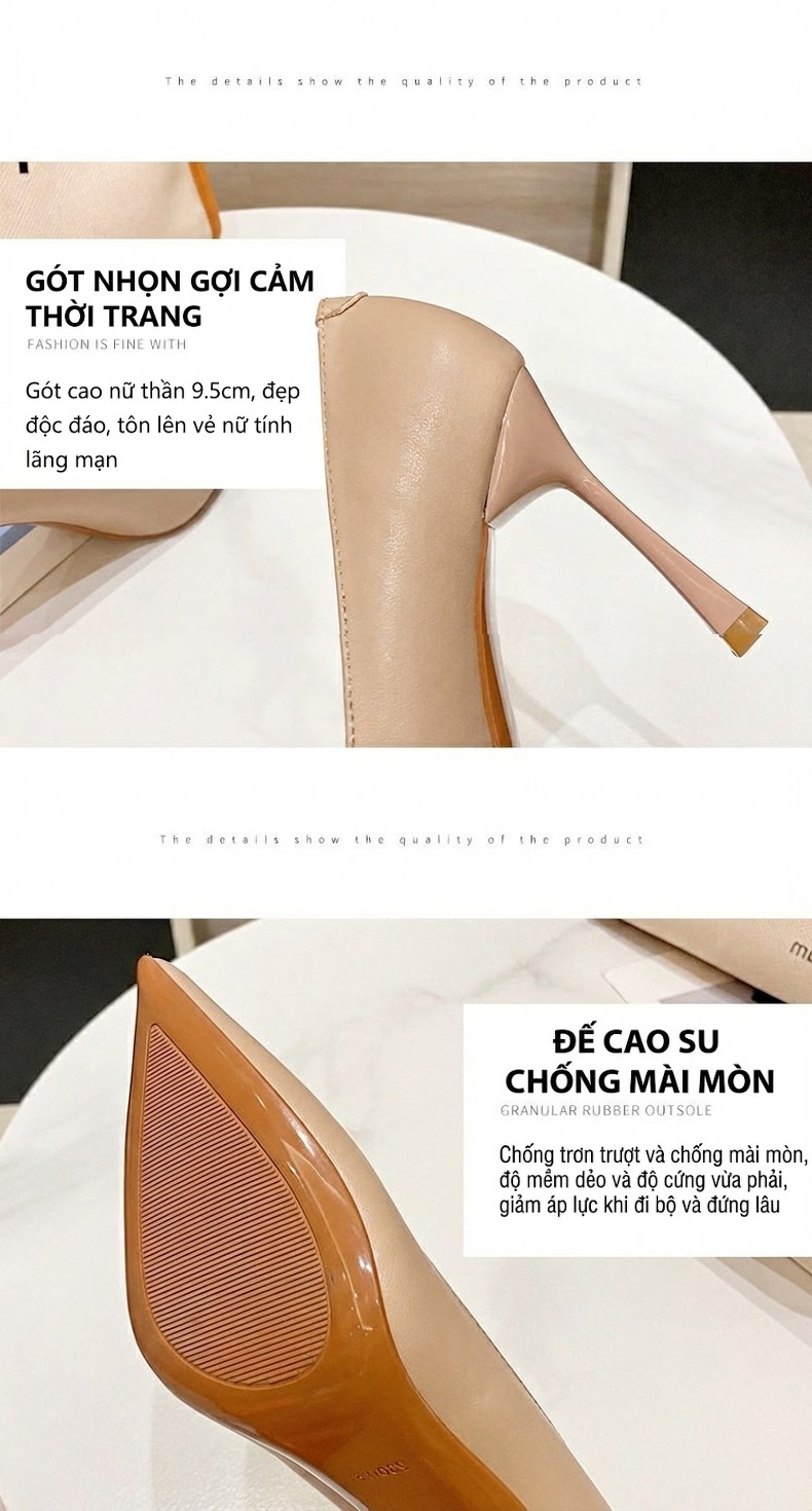 Giày Cao Gót Nữ Mũi Nhọn Da Bóng Chiều Cao Đế Khoảng 8cm Màu Đen, Vàng, Kem chi tiết 7