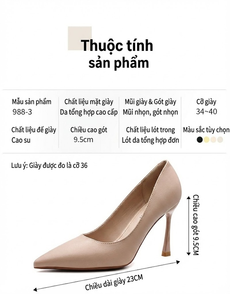 Giày Cao Gót Nữ Mũi Nhọn Da Bóng Chiều Cao Đế Khoảng 8cm Màu Đen, Vàng, Kem chi tiết 3