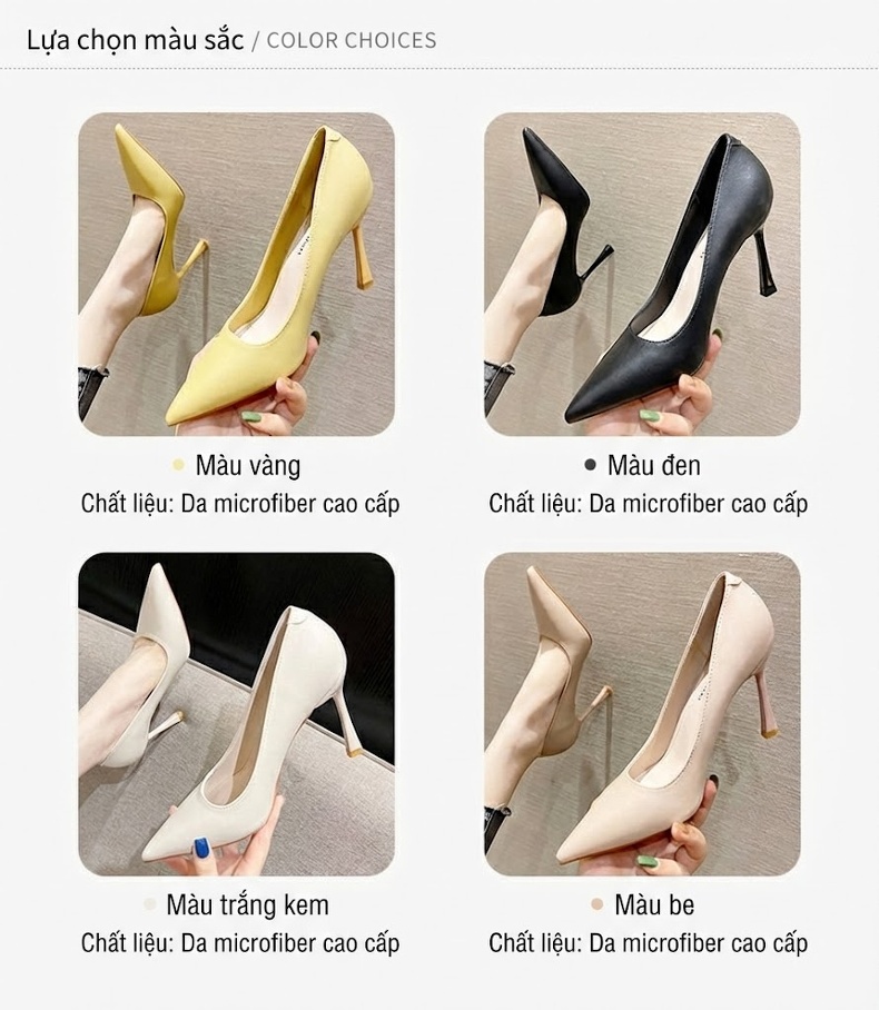 Giày Cao Gót Nữ Mũi Nhọn Da Bóng Chiều Cao Đế Khoảng 8cm Màu Đen, Vàng, Kem chi tiết 5