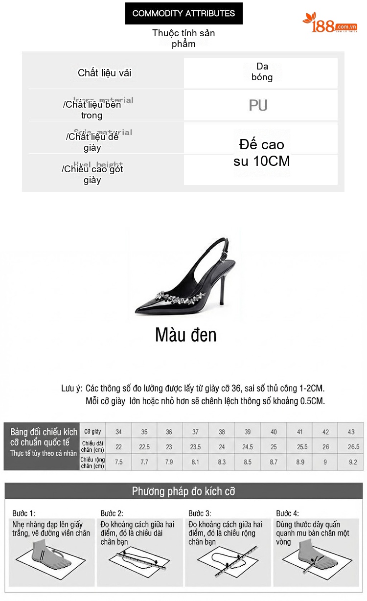 Giày Cao Gót Nữ Mũi Nhọn Da Bóng Đính Đá Chiều Cao Đế Khoảng 8cm Màu Đen chi tiết 2