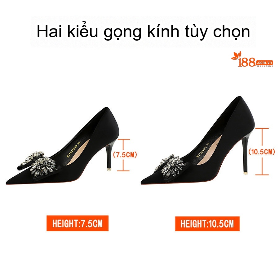Giày Cao Gót Nữ Mũi Nhọn Da Bóng Đính Đá Nơ Bướm Chiều Cao Đế 7.5cm Màu Đen