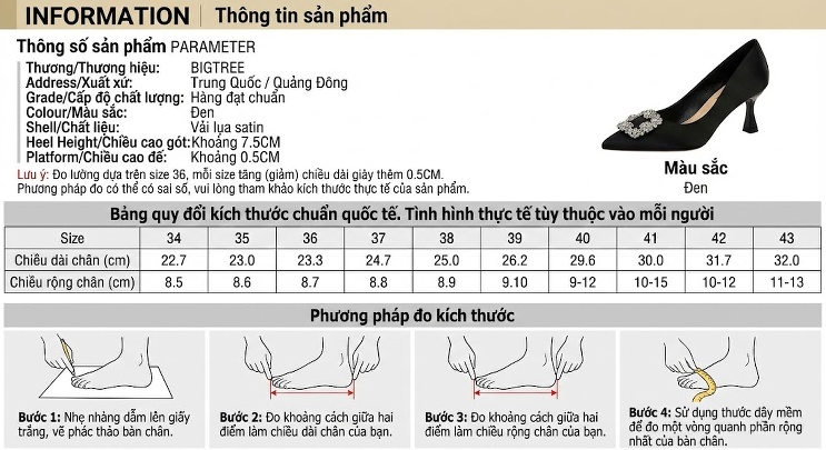 Giày Cao Gót Nữ Mũi Nhọn Da Bóng Đính Đá Nơ Bướm Chiều Cao Đế 7.5cm Màu Đen chi tiết 1