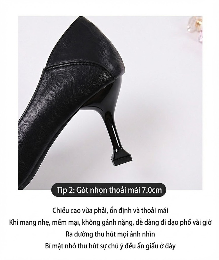 Giày Cao Gót Nữ Mũi Nhọn Da Bóng Hở Gót Chiều Cao Đế Khoảng 6cm Màu Đen, Kem chi tiết 10