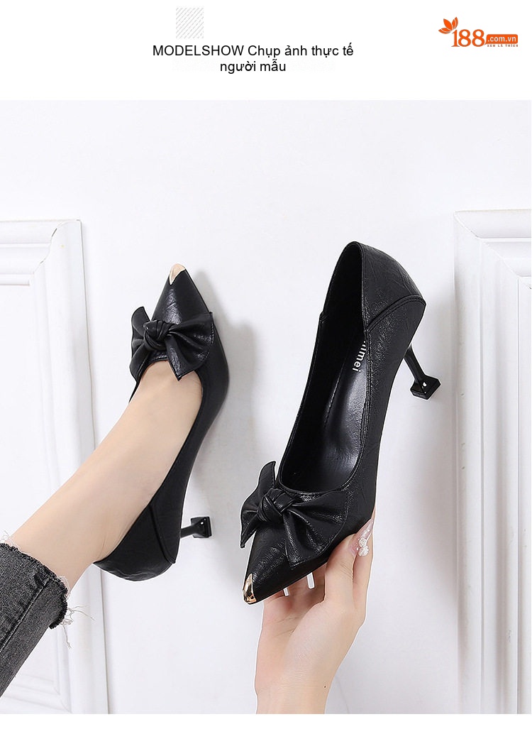 Giày Cao Gót Nữ Mũi Nhọn Da Bóng Hở Gót Chiều Cao Đế Khoảng 6cm Màu Đen, Kem chi tiết 26