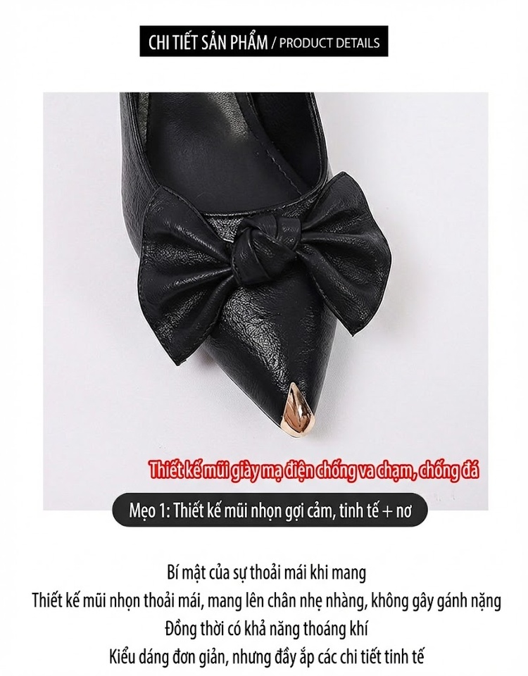 Giày Cao Gót Nữ Mũi Nhọn Da Bóng Hở Gót Chiều Cao Đế Khoảng 6cm Màu Đen, Kem chi tiết 9