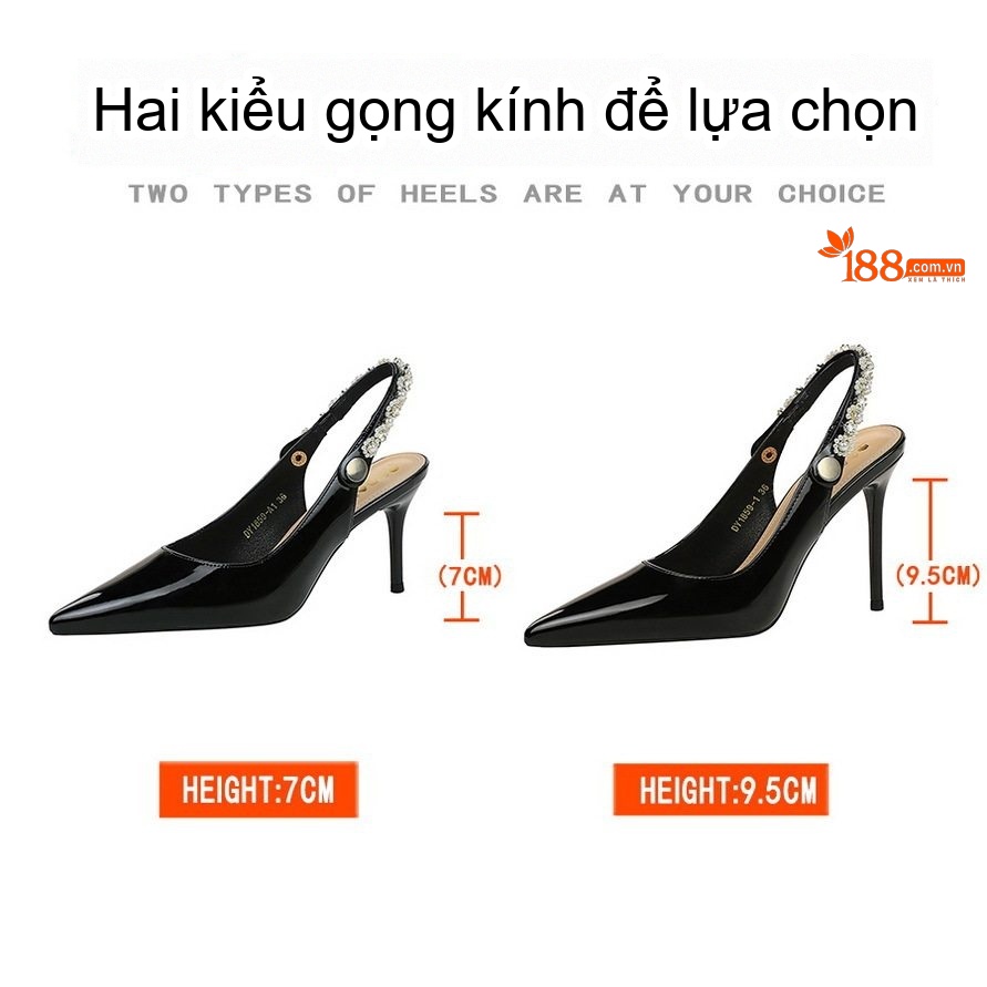 Giày Cao Gót Nữ Mũi Nhọn Da Bóng Hở Gót Chiều Cao Đế Khoảng 7cm Đính Hạt Màu Đen chi tiết 2