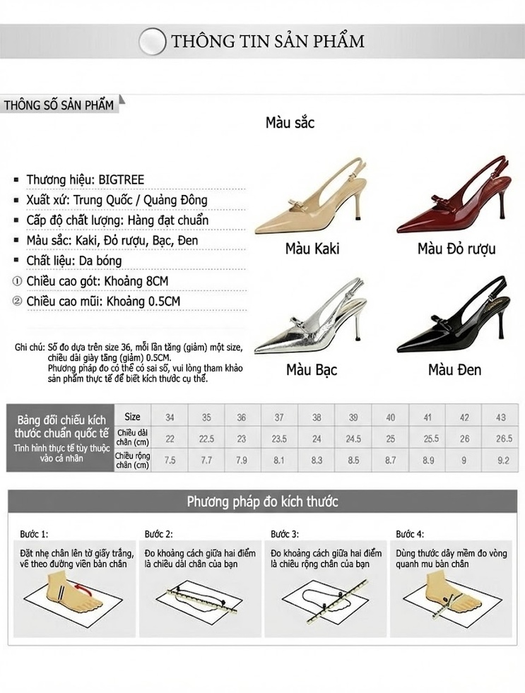 Giày Cao Gót Nữ Mũi Nhọn Da Bóng Hở Gót Quai Hậu Đính Nơ Chiều Cao Đế Khoảng 7cm Màu Bạc, Kem, Đỏ, Đen chi tiết 1