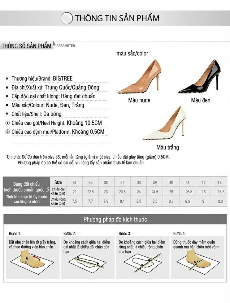 Giày Cao Gót Nữ Mũi Nhọn Da Bóng Trang Trí Đinh Tán Chiều Cao Đế Khoảng 8cm Màu Đen, Trắng, Nude chi tiết 1