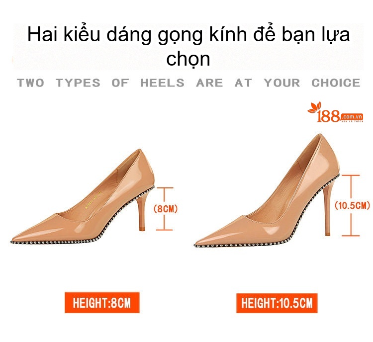 Giày Cao Gót Nữ Mũi Nhọn Da Bóng Trang Trí Đinh Tán Chiều Cao Đế Khoảng 8cm Màu Đen, Trắng, Nude chi tiết 2