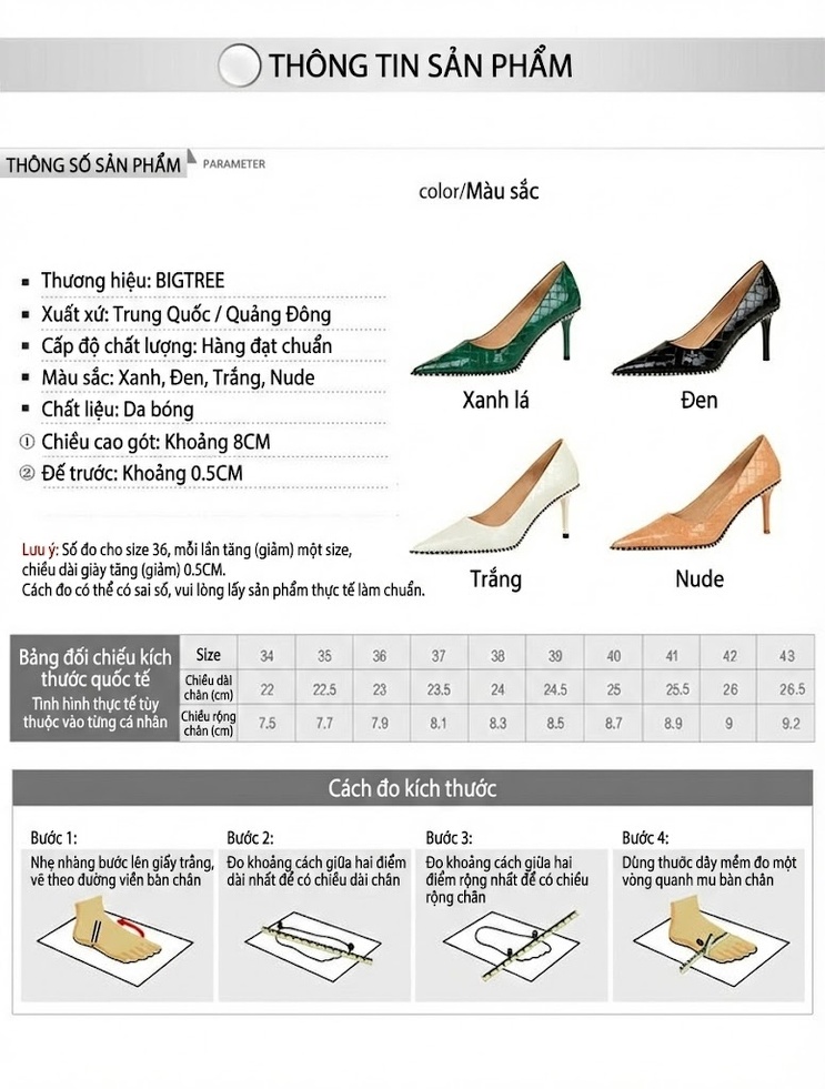 Giày Cao Gót Nữ Mũi Nhọn Da Bóng Vân Đan Chiều Cao Đế Khoảng 6cm Màu Đen, Nâu, Trắng, Xanh... chi tiết 1