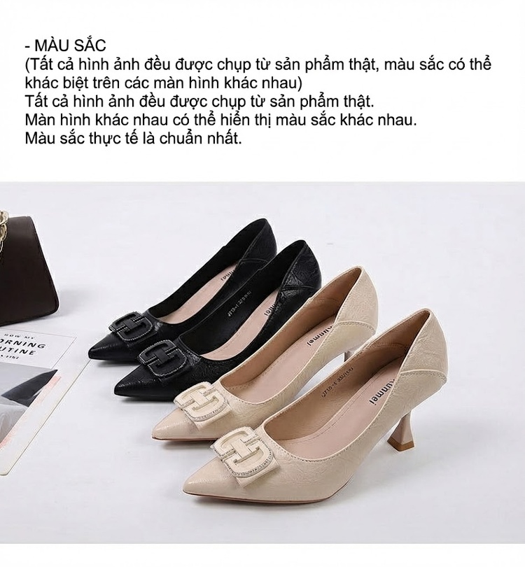 Giày Cao Gót Nữ Mũi Nhọn Da Mềm Khóa Đá Chiều Cao Đế Khoảng 5cm Màu Đen, Kem chi tiết 14